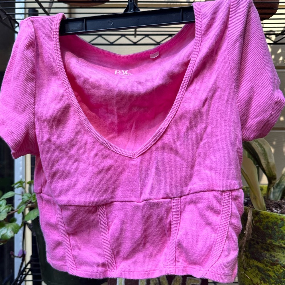 PACSUN Vivid Pink Ribbed Crop Top Cuffed Sleeve Women's Size Small